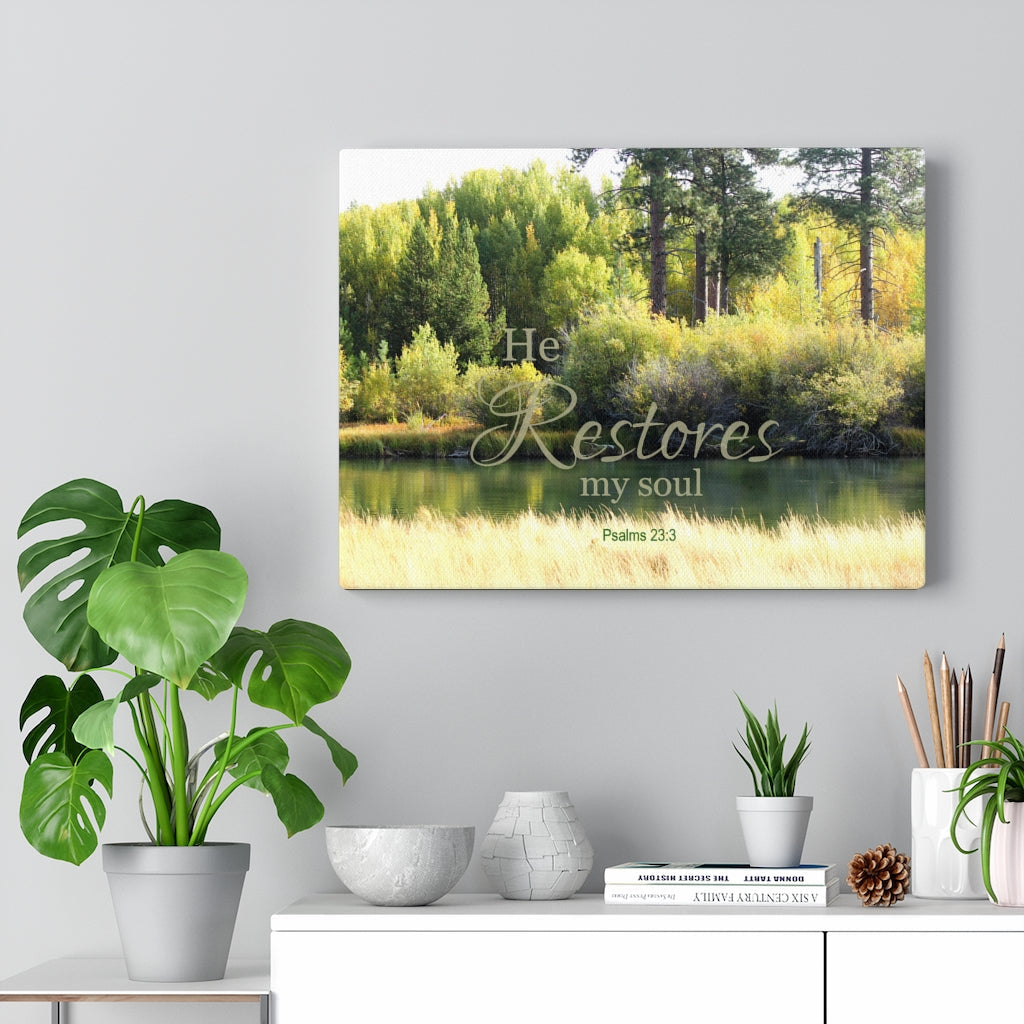 Scripture Walls He Restores My Soul Psalms 23:3 Bible Verse Canvas Christian Wall Art Ready to Hang Unframed-Express Your Love Gifts