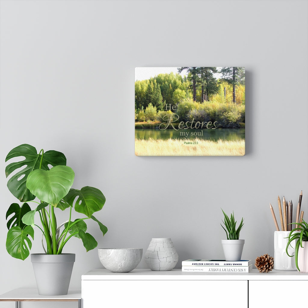 Scripture Walls He Restores My Soul Psalms 23:3 Bible Verse Canvas Christian Wall Art Ready to Hang Unframed-Express Your Love Gifts