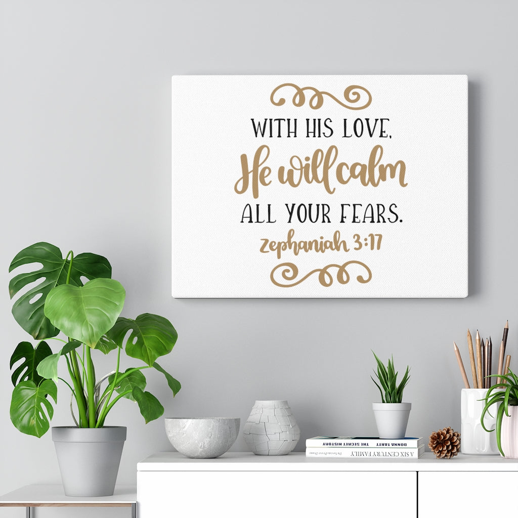 Scripture Walls He Will Calm Zephaniah 3:17 Bible Verse Canvas Christian Wall Art Ready to Hang Unframed-Express Your Love Gifts