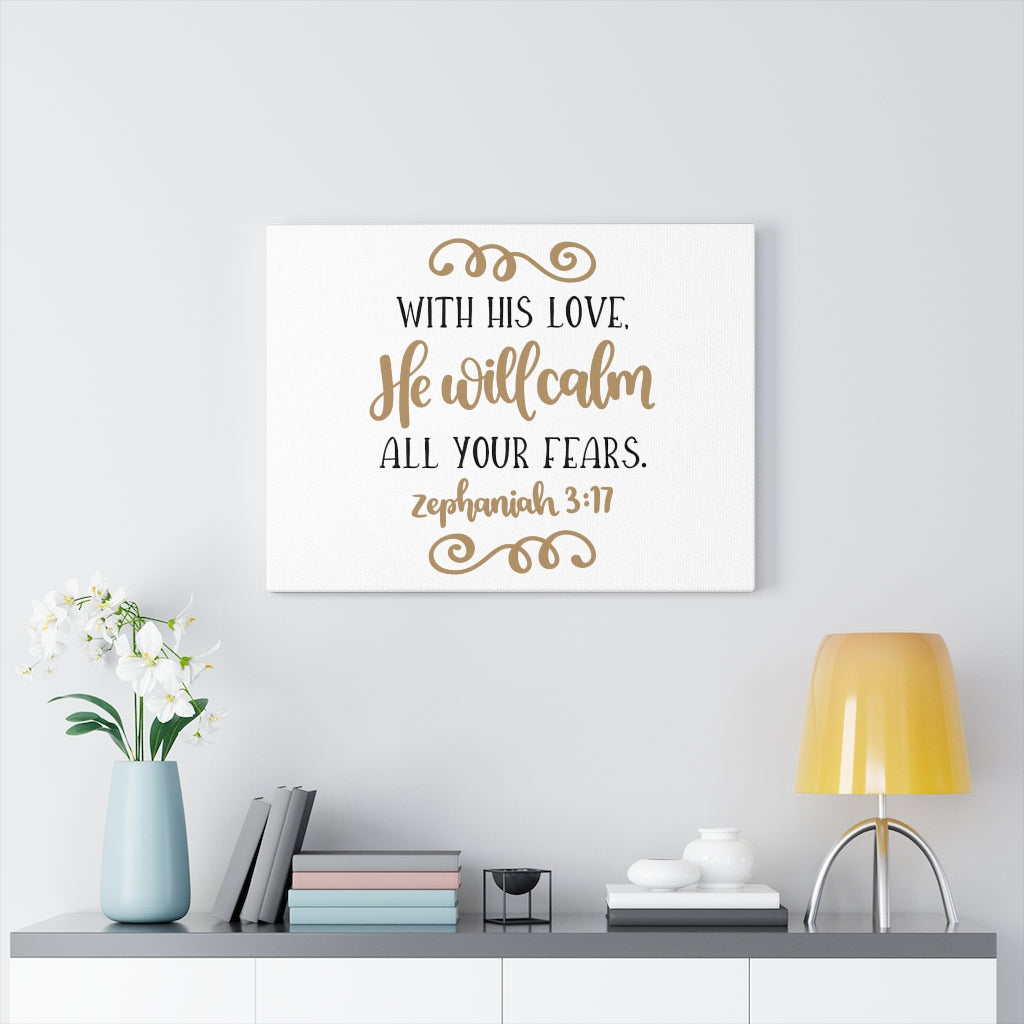 Scripture Walls He Will Calm Zephaniah 3:17 Bible Verse Canvas Christian Wall Art Ready to Hang Unframed-Express Your Love Gifts