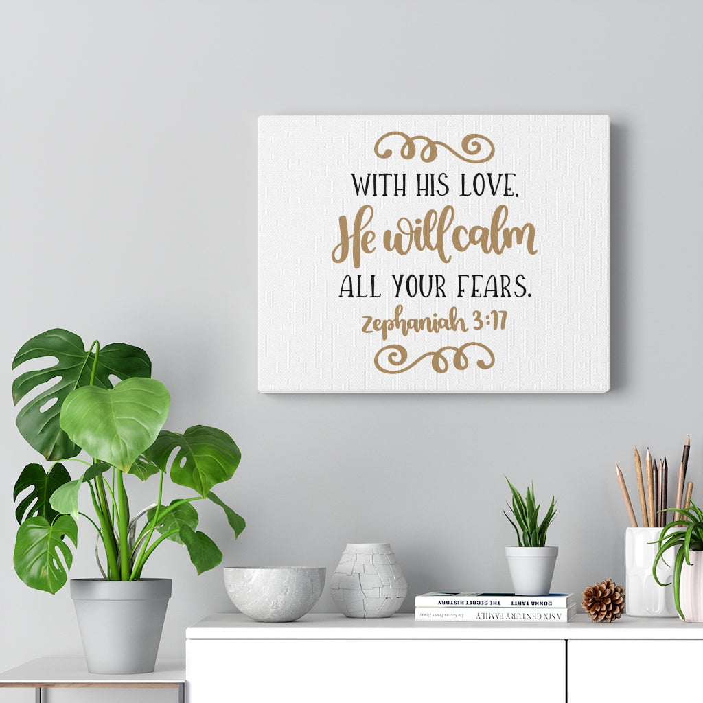 Scripture Walls He Will Calm Zephaniah 3:17 Bible Verse Canvas Christian Wall Art Ready to Hang Unframed-Express Your Love Gifts