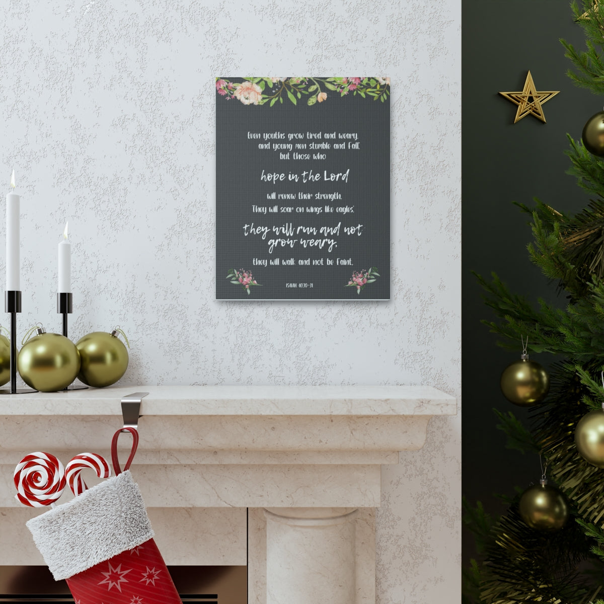 Scripture Walls Hope In The Lord Isaiah 40:30-31 Floral Bible Verse Canvas Christian Wall Art Ready to Hang Unframed-Express Your Love Gifts