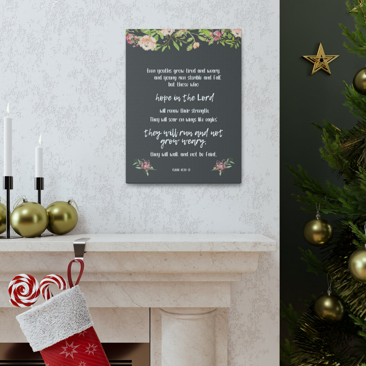 Scripture Walls Hope In The Lord Isaiah 40:30-31 Floral Bible Verse Canvas Christian Wall Art Ready to Hang Unframed-Express Your Love Gifts