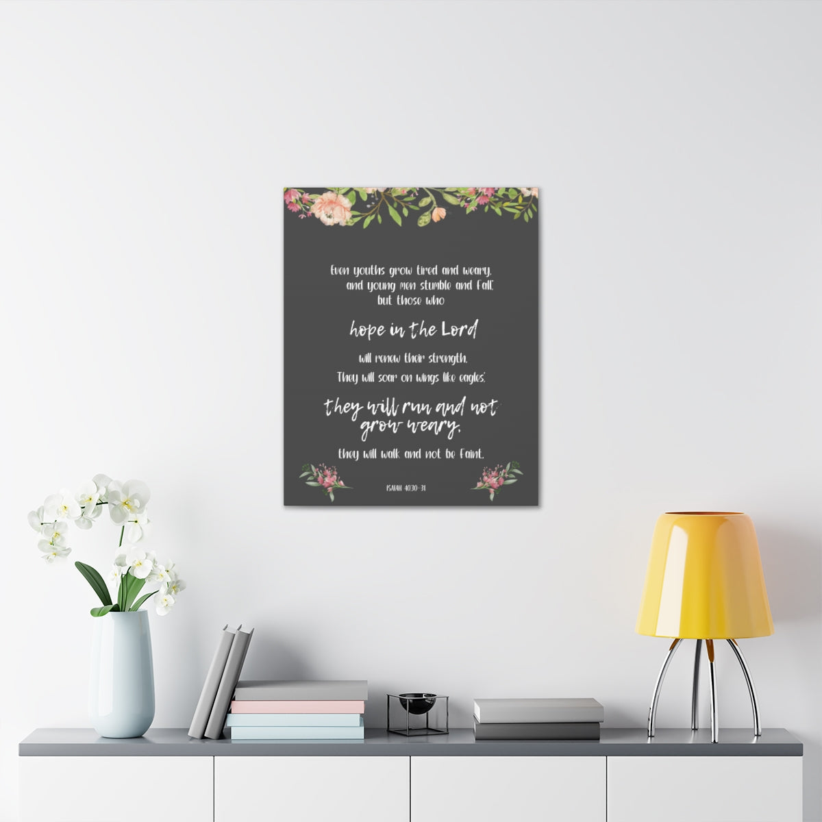 Scripture Walls Hope In The Lord Isaiah 40:30-31 Floral Bible Verse Canvas Christian Wall Art Ready to Hang Unframed-Express Your Love Gifts