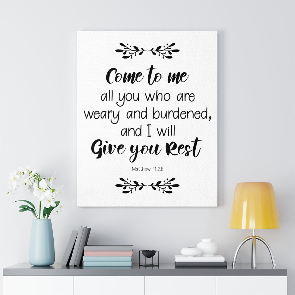 Scripture Walls I Will Give You Rest Matthew 11:28 White Bible Verse Canvas Christian Wall Art Ready to Hang Unframed-Express Your Love Gifts