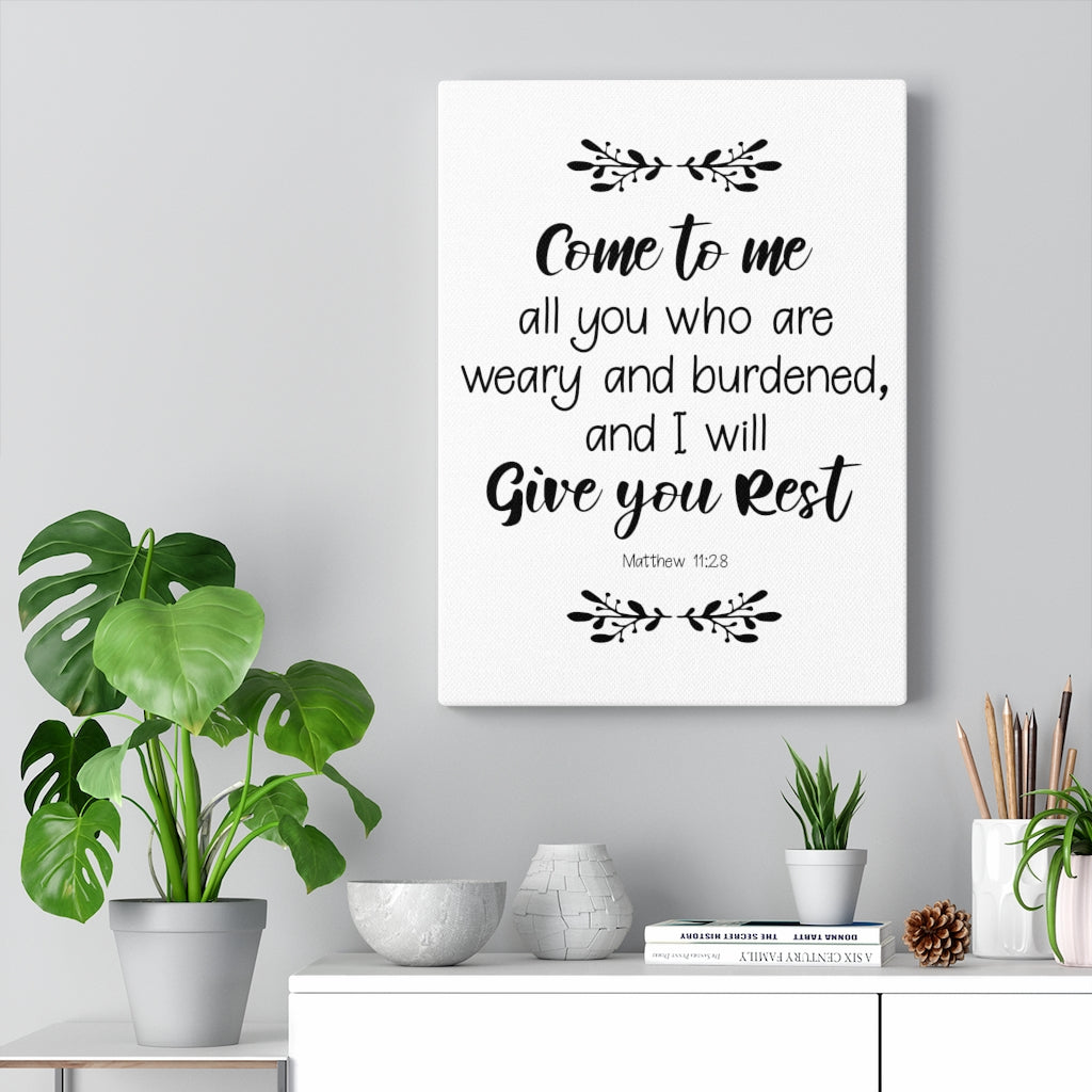 Scripture Walls I Will Give You Rest Matthew 11:28 White Bible Verse Canvas Christian Wall Art Ready to Hang Unframed-Express Your Love Gifts