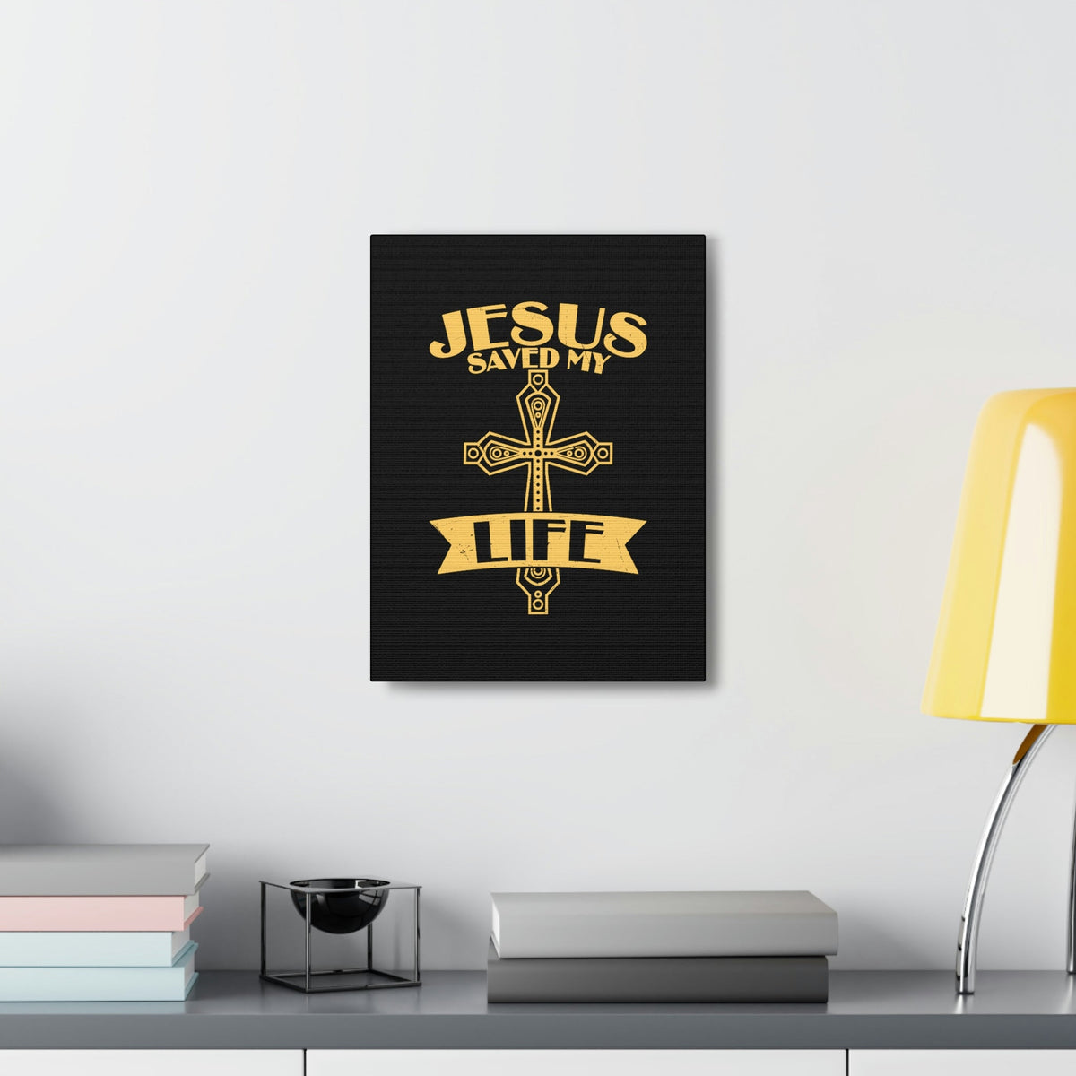 Scripture Walls Jesus Saved My Life Acts 16:31 Golden Cross Christian Wall Art Bible Verse Print Ready to Hang Unframed-Express Your Love Gifts