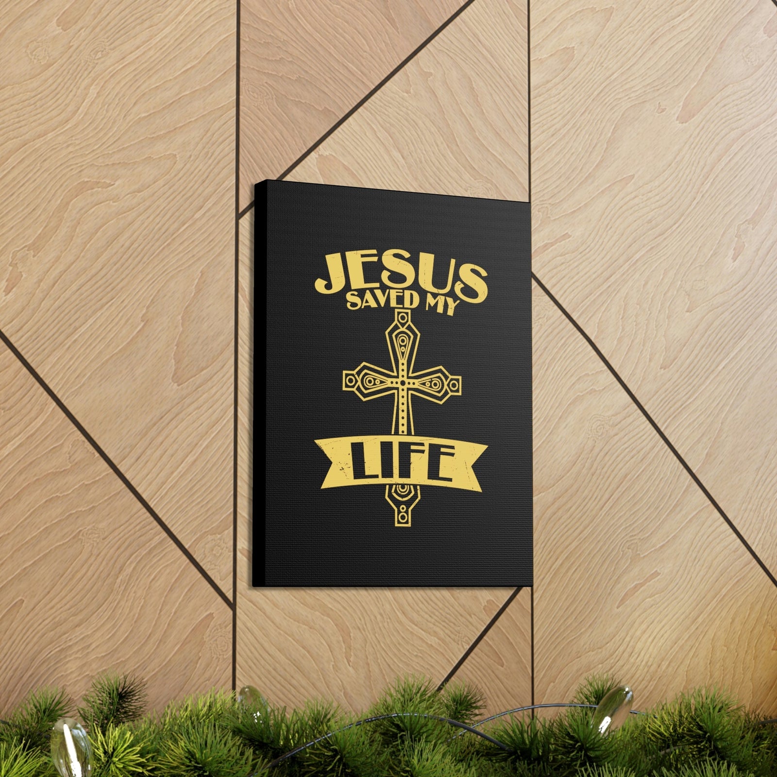 Scripture Walls Jesus Saved My Life Acts 16:31 Golden Cross Christian Wall Art Bible Verse Print Ready to Hang Unframed-Express Your Love Gifts