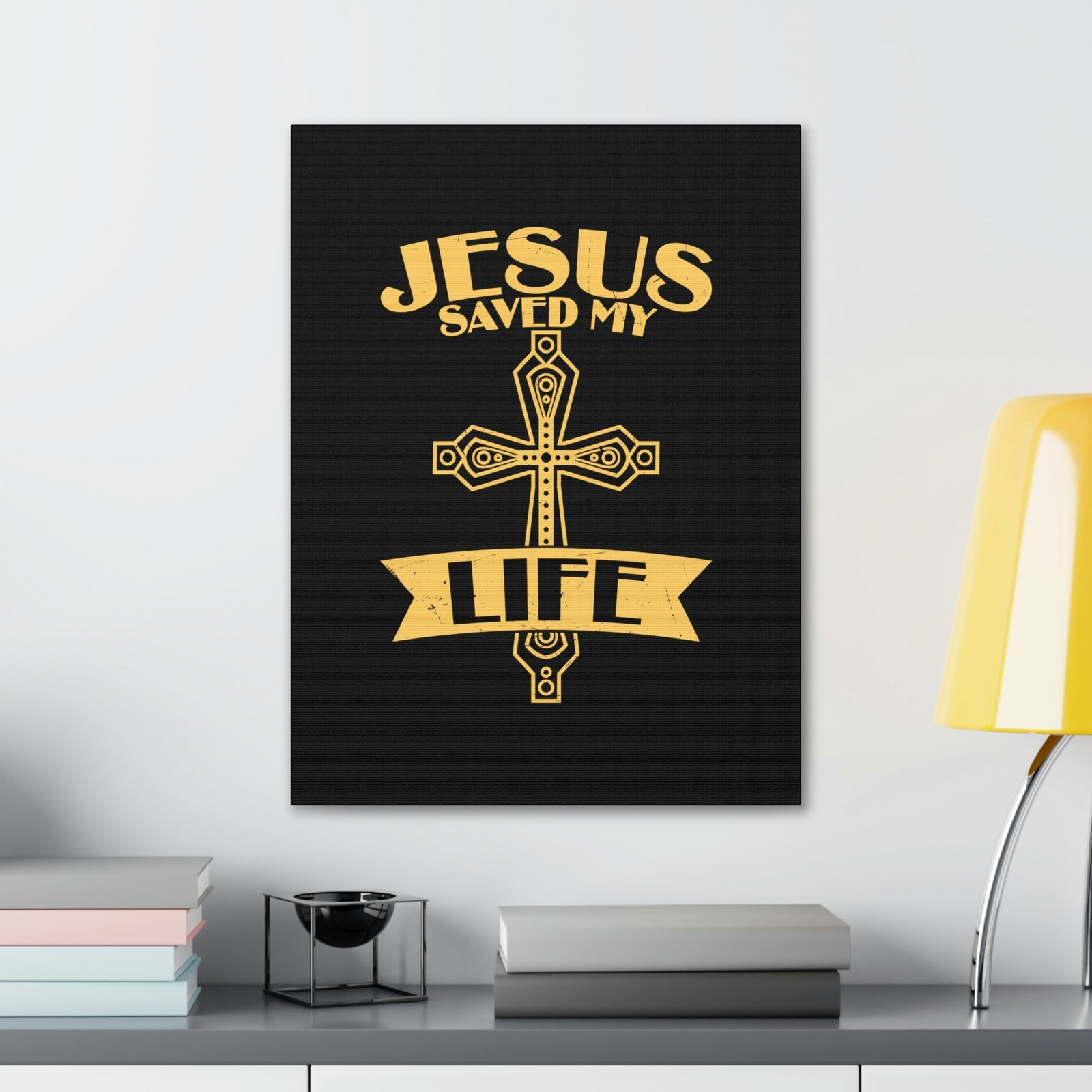Scripture Walls Jesus Saved My Life Acts 16:31 Golden Cross Christian Wall Art Bible Verse Print Ready to Hang Unframed-Express Your Love Gifts