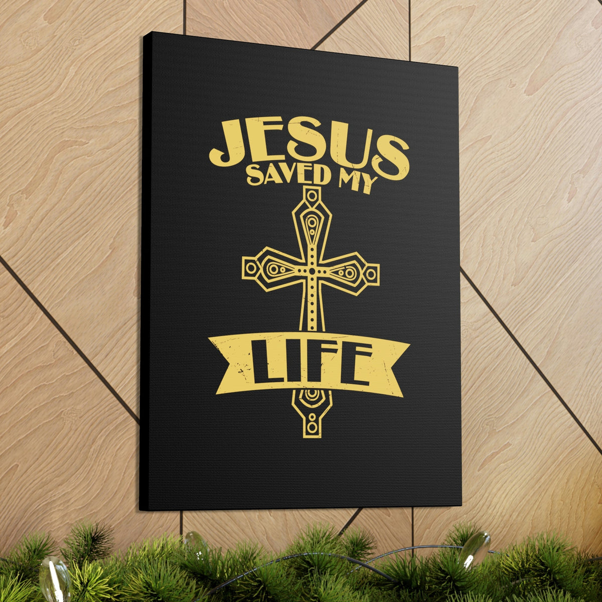 Scripture Walls Jesus Saved My Life Acts 16:31 Golden Cross Christian Wall Art Bible Verse Print Ready to Hang Unframed-Express Your Love Gifts