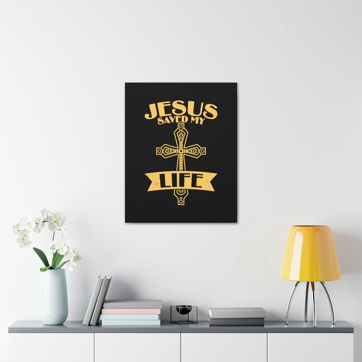 Scripture Walls Jesus Saved My Life Acts 16:31 Golden Cross Christian Wall Art Bible Verse Print Ready to Hang Unframed-Express Your Love Gifts