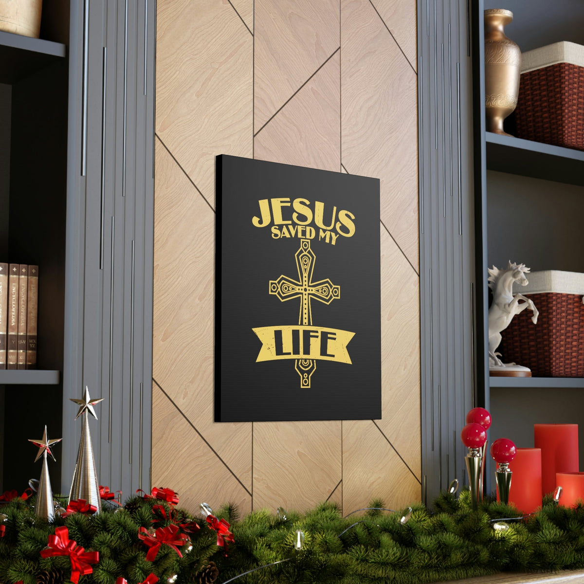 Scripture Walls Jesus Saved My Life Acts 16:31 Golden Cross Christian Wall Art Bible Verse Print Ready to Hang Unframed-Express Your Love Gifts