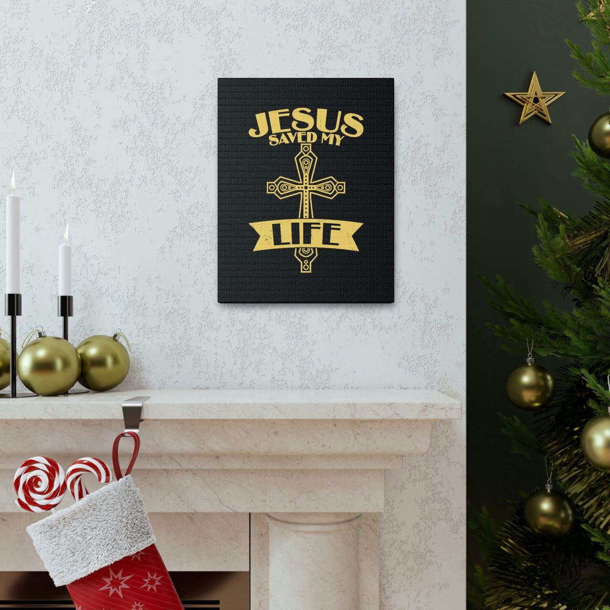 Scripture Walls Jesus Saved My Life Acts 16:31 Golden Cross Christian Wall Art Bible Verse Print Ready to Hang Unframed-Express Your Love Gifts