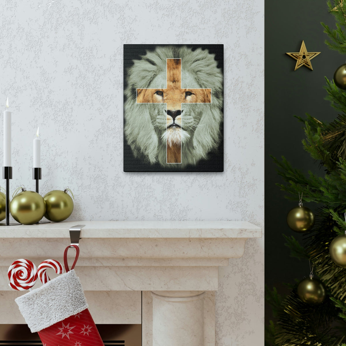 Scripture Walls Lion of Judah Revelation 5:5 Cross on Lion Bible Verse Canvas Christian Wall Art Ready to Hang Unframed-Express Your Love Gifts