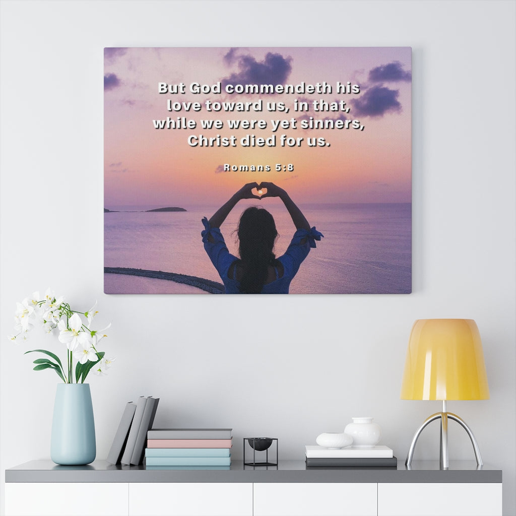 Scripture Walls Love Towards Us Romans 5:8 Bible Verse Canvas Christian Wall Art Ready to Hang Unframed-Express Your Love Gifts