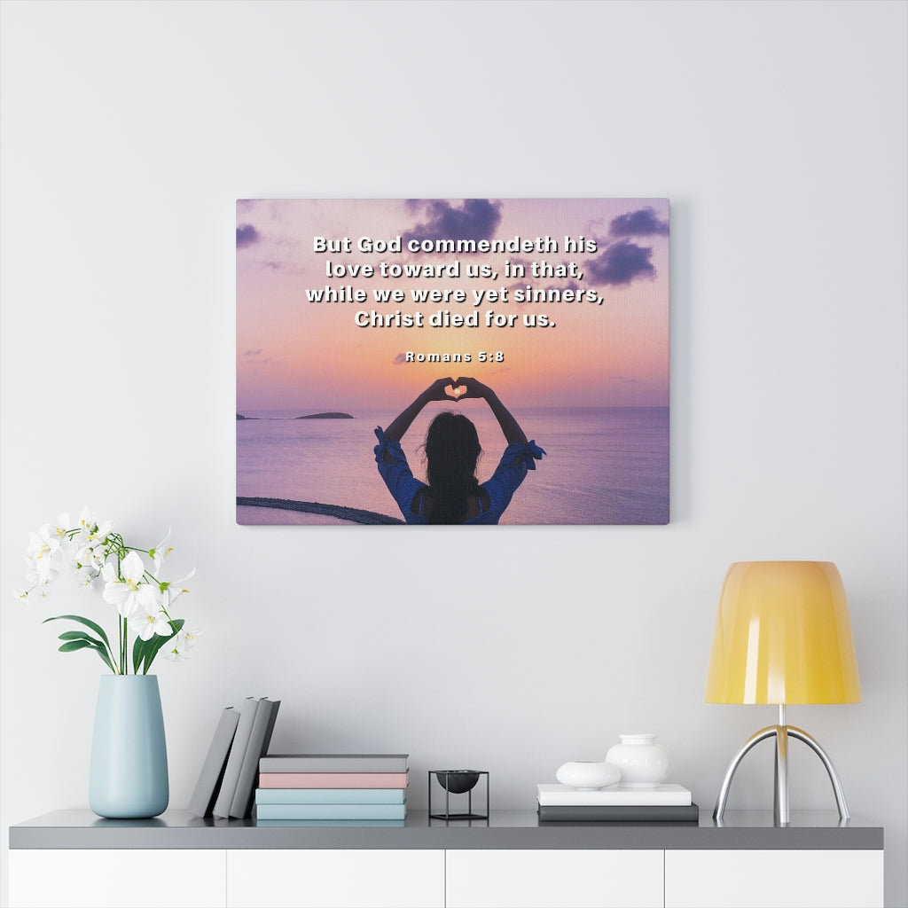 Scripture Walls Love Towards Us Romans 5:8 Bible Verse Canvas Christian Wall Art Ready to Hang Unframed-Express Your Love Gifts