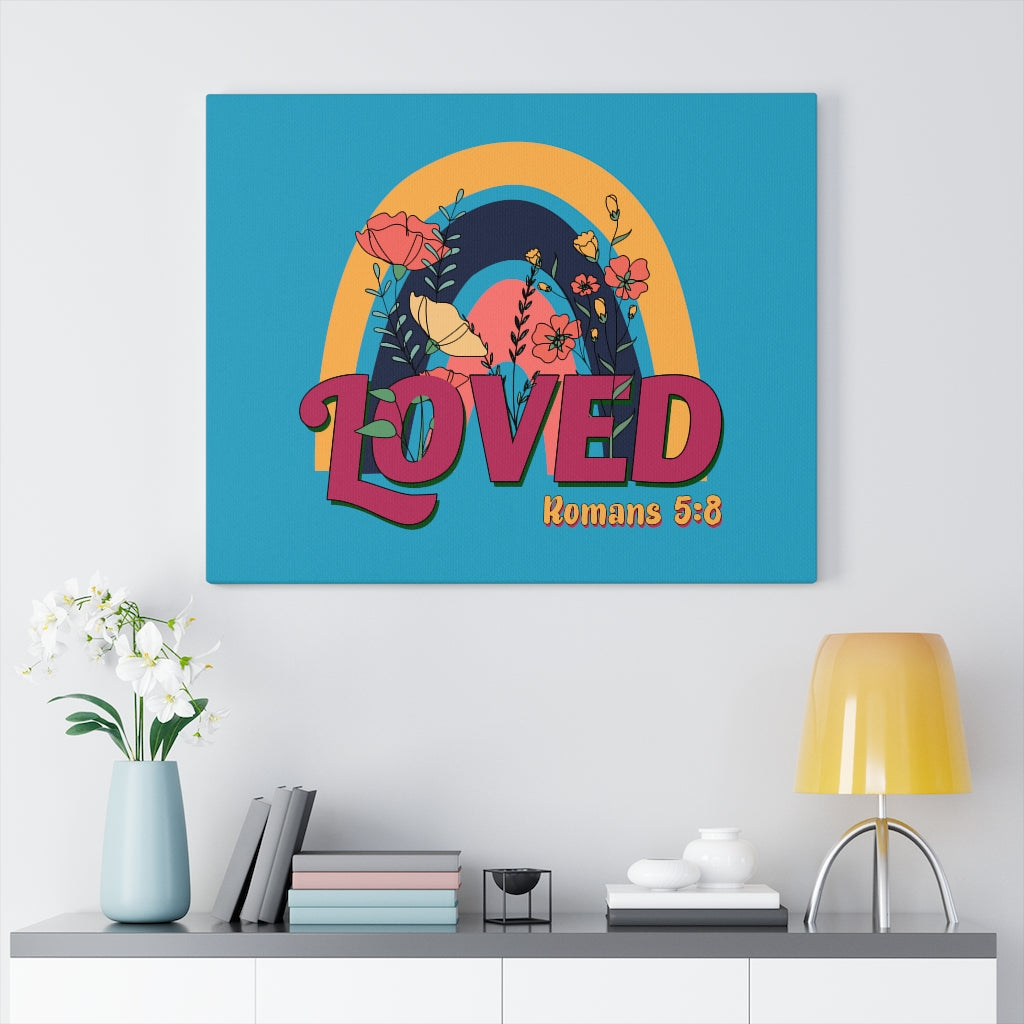 Scripture Walls Loved Romans 5:8 Red Turquoise Bible Verse Canvas Christian Wall Art Ready to Hang Unframed-Express Your Love Gifts