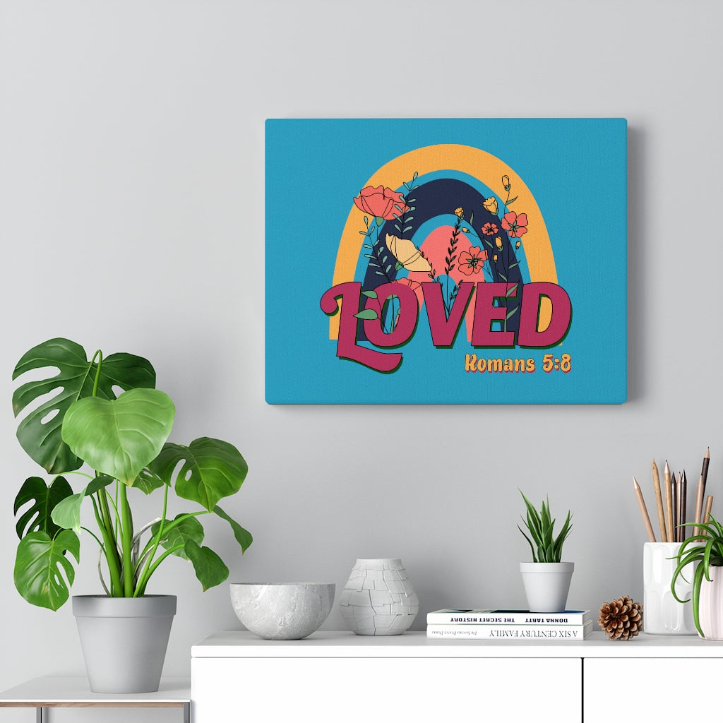 Scripture Walls Loved Romans 5:8 Red Turquoise Bible Verse Canvas Christian Wall Art Ready to Hang Unframed-Express Your Love Gifts