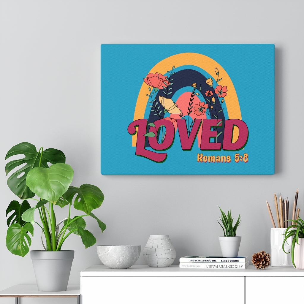 Scripture Walls Loved Romans 5:8 Red Turquoise Bible Verse Canvas Christian Wall Art Ready to Hang Unframed-Express Your Love Gifts