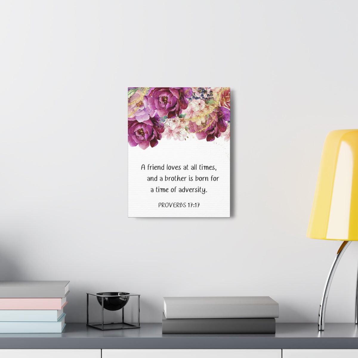 Scripture Walls Loves At All Times Proverbs 17:17 Purple Floral Bible Verse Canvas Christian Wall Art Ready to Hang Unframed-Express Your Love Gifts