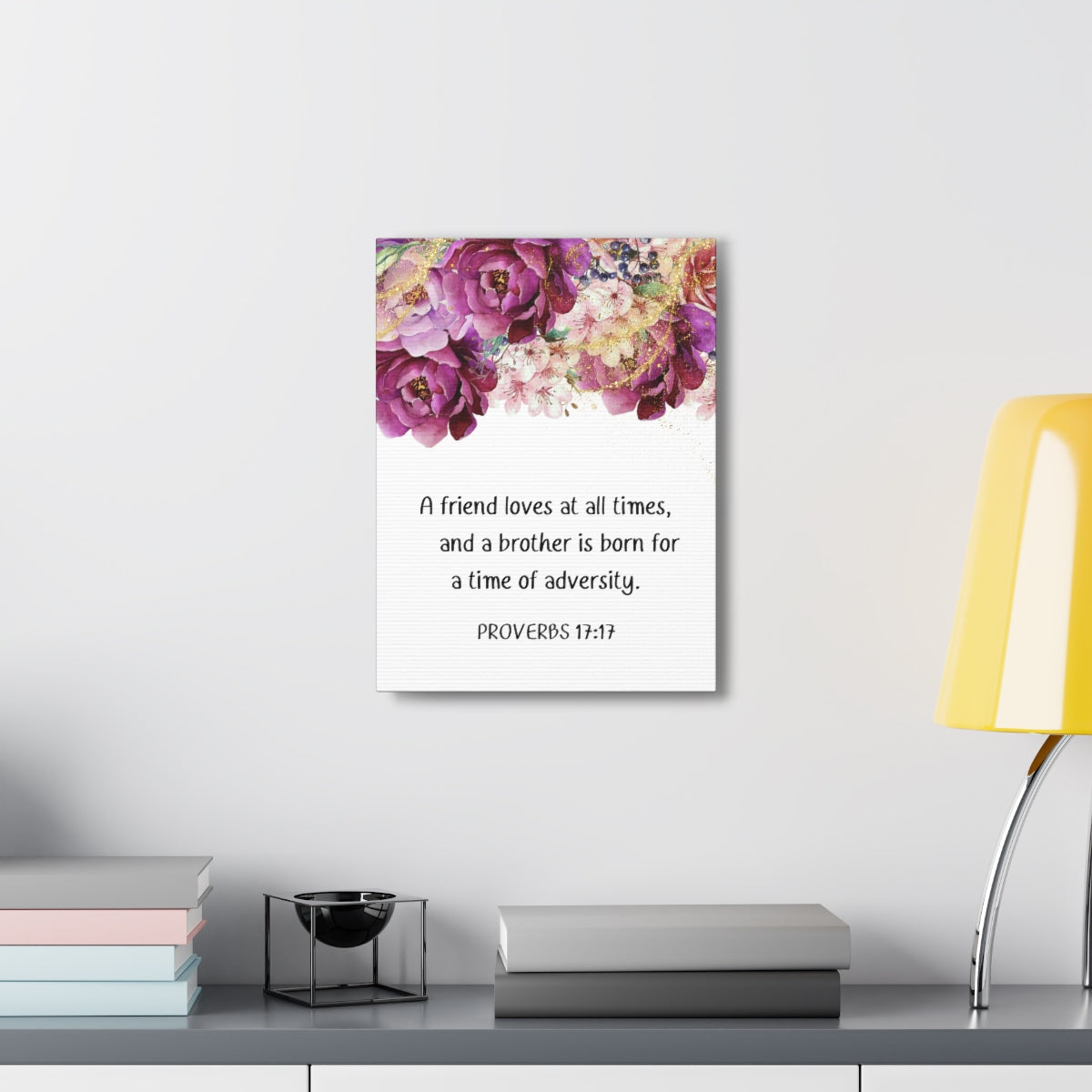 Scripture Walls Loves At All Times Proverbs 17:17 Purple Floral Bible Verse Canvas Christian Wall Art Ready to Hang Unframed-Express Your Love Gifts