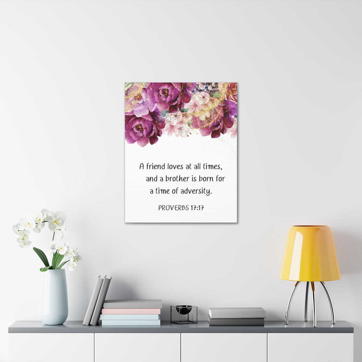 Scripture Walls Loves At All Times Proverbs 17:17 Purple Floral Bible Verse Canvas Christian Wall Art Ready to Hang Unframed-Express Your Love Gifts