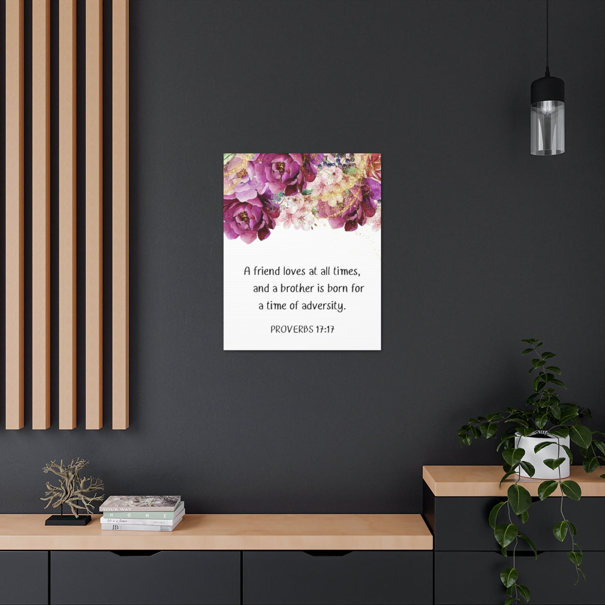 Scripture Walls Loves At All Times Proverbs 17:17 Purple Floral Bible Verse Canvas Christian Wall Art Ready to Hang Unframed-Express Your Love Gifts