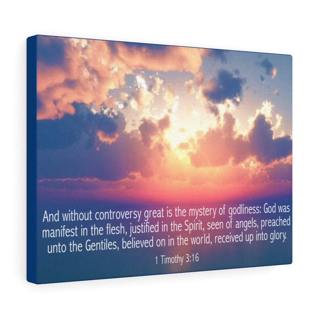 Scripture Walls Mystery of Godliness 1 Timothy 3:16 Bible Verse Canvas Christian Wall Art Ready to Hang Unframed-Express Your Love Gifts