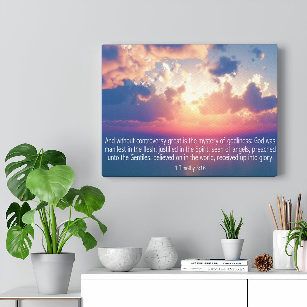 Scripture Walls Mystery of Godliness 1 Timothy 3:16 Bible Verse Canvas Christian Wall Art Ready to Hang Unframed-Express Your Love Gifts