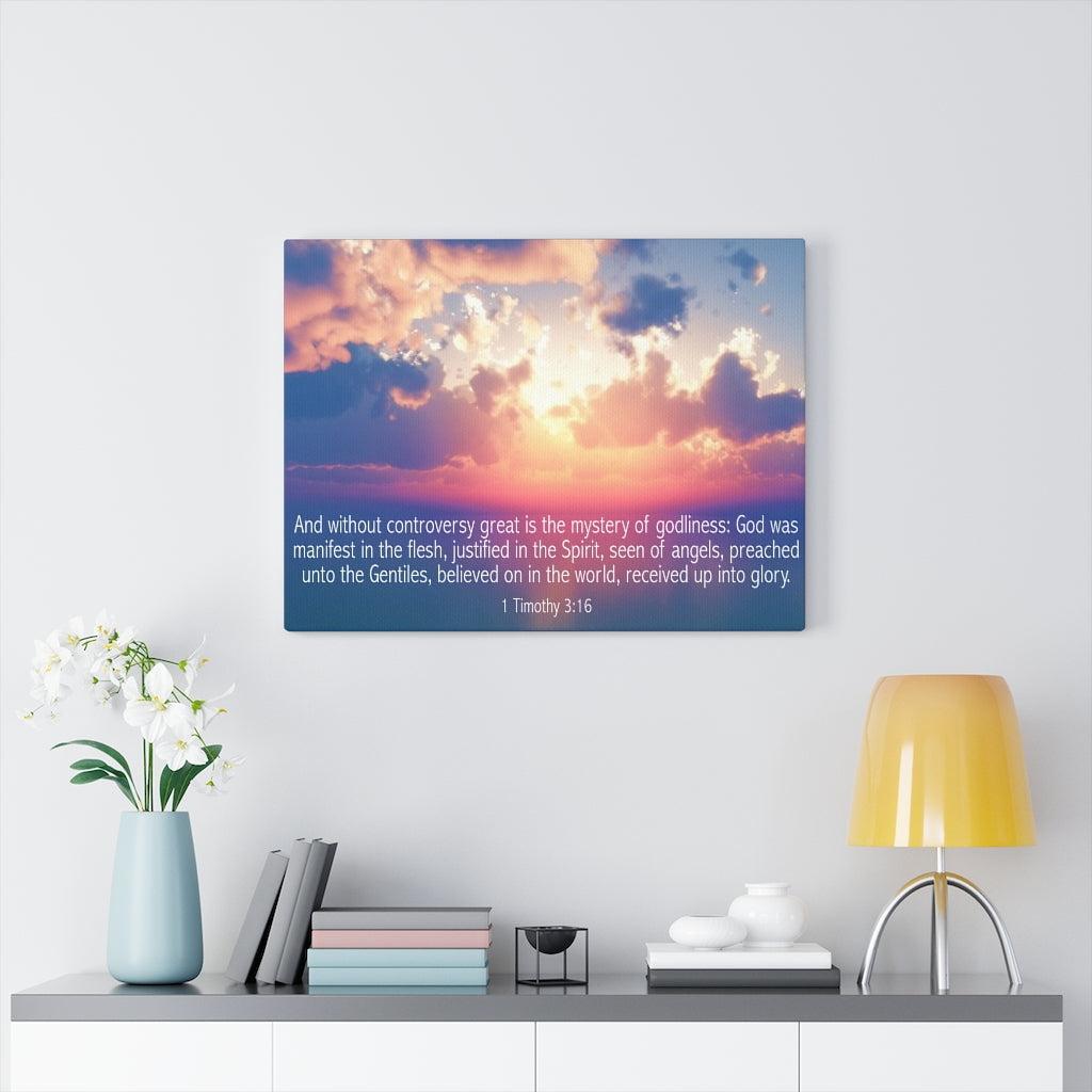 Scripture Walls Mystery of Godliness 1 Timothy 3:16 Bible Verse Canvas Christian Wall Art Ready to Hang Unframed-Express Your Love Gifts