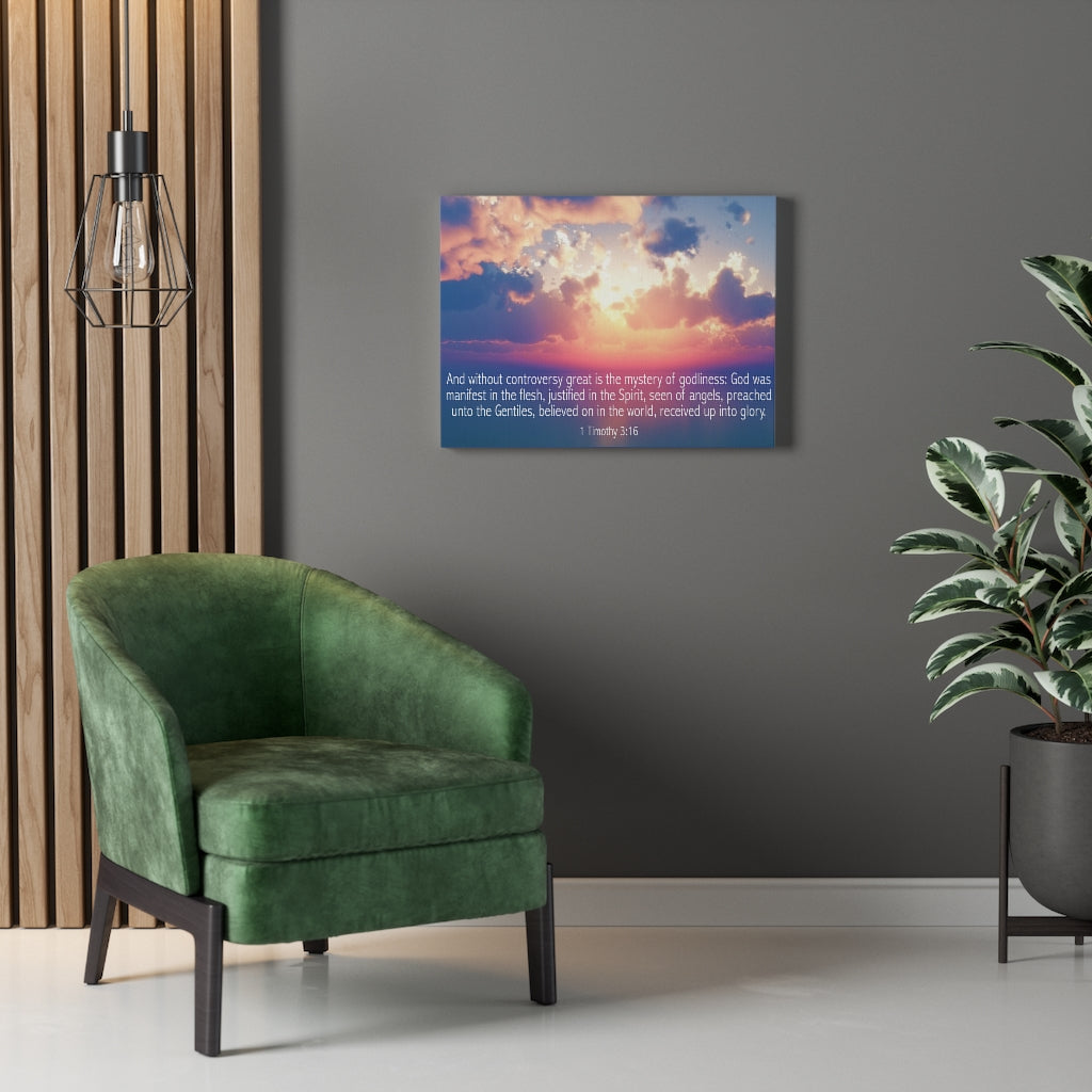 Scripture Walls Mystery of Godliness 1 Timothy 3:16 Bible Verse Canvas Christian Wall Art Ready to Hang Unframed-Express Your Love Gifts