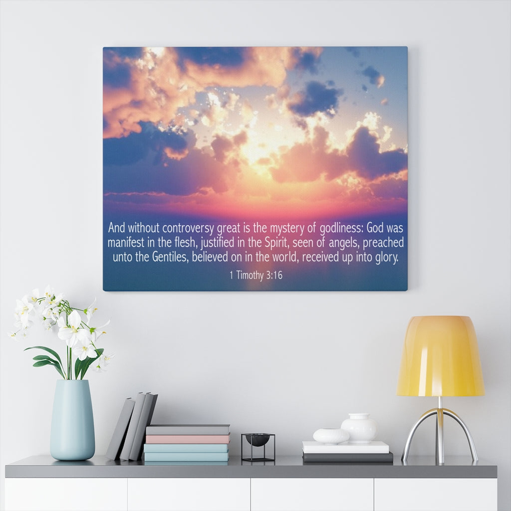 Scripture Walls Mystery of Godliness 1 Timothy 3:16 Bible Verse Canvas Christian Wall Art Ready to Hang Unframed-Express Your Love Gifts