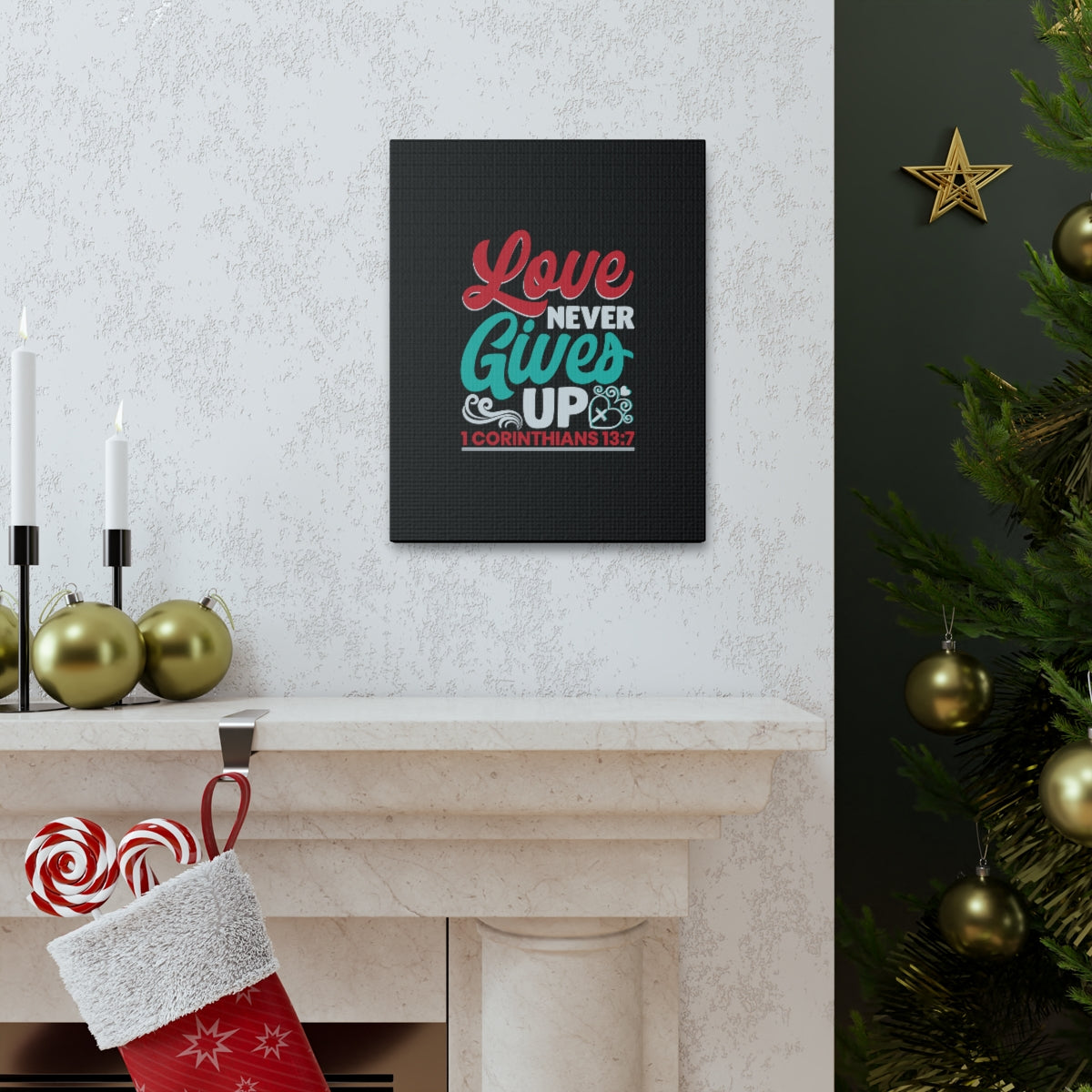 Scripture Walls Never Gives Up 1 Corinthians 13:7 Read & Teal Bible Verse Canvas Christian Wall Art Ready to Hang Unframed-Express Your Love Gifts