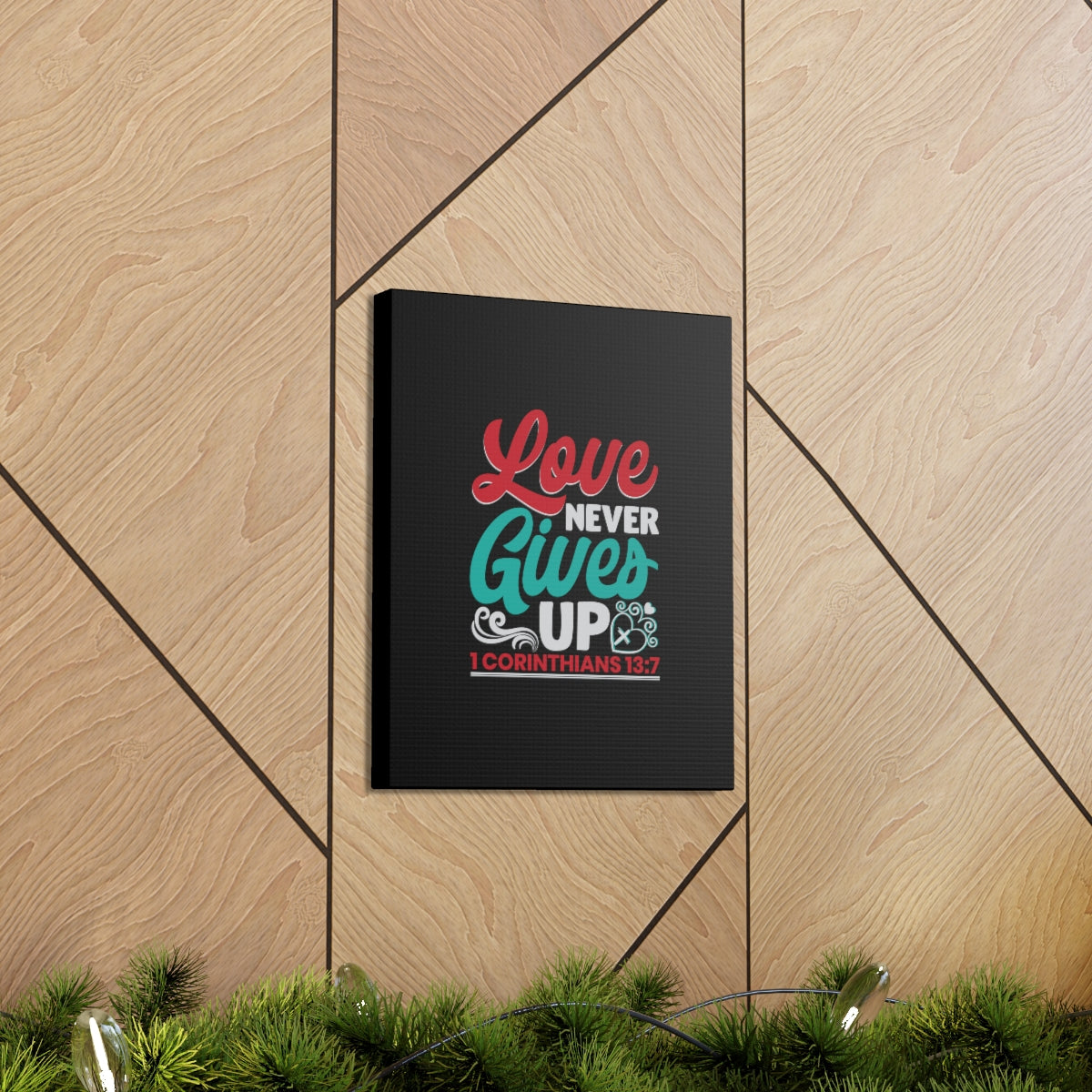 Scripture Walls Never Gives Up 1 Corinthians 13:7 Read & Teal Bible Verse Canvas Christian Wall Art Ready to Hang Unframed-Express Your Love Gifts
