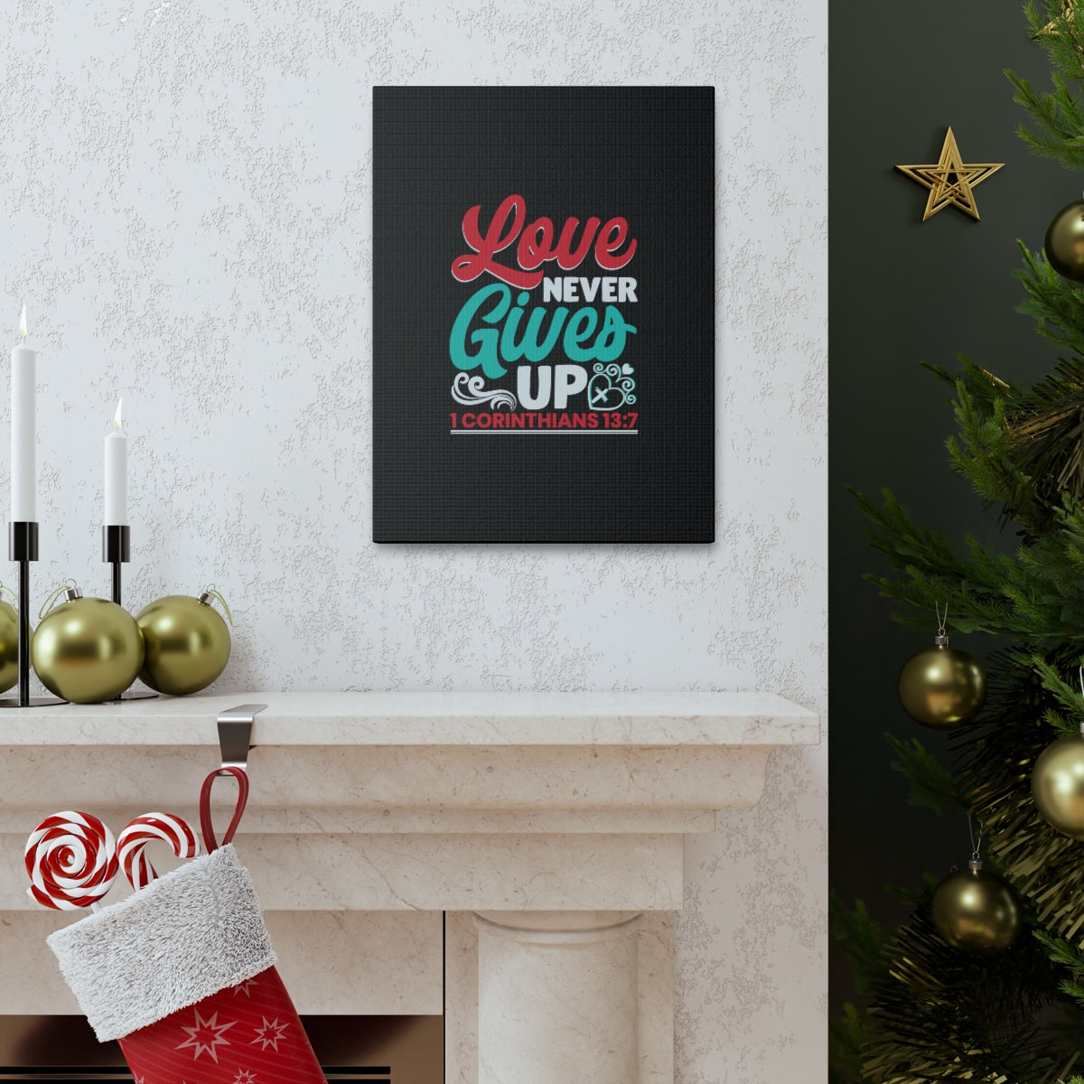Scripture Walls Never Gives Up 1 Corinthians 13:7 Read & Teal Bible Verse Canvas Christian Wall Art Ready to Hang Unframed-Express Your Love Gifts