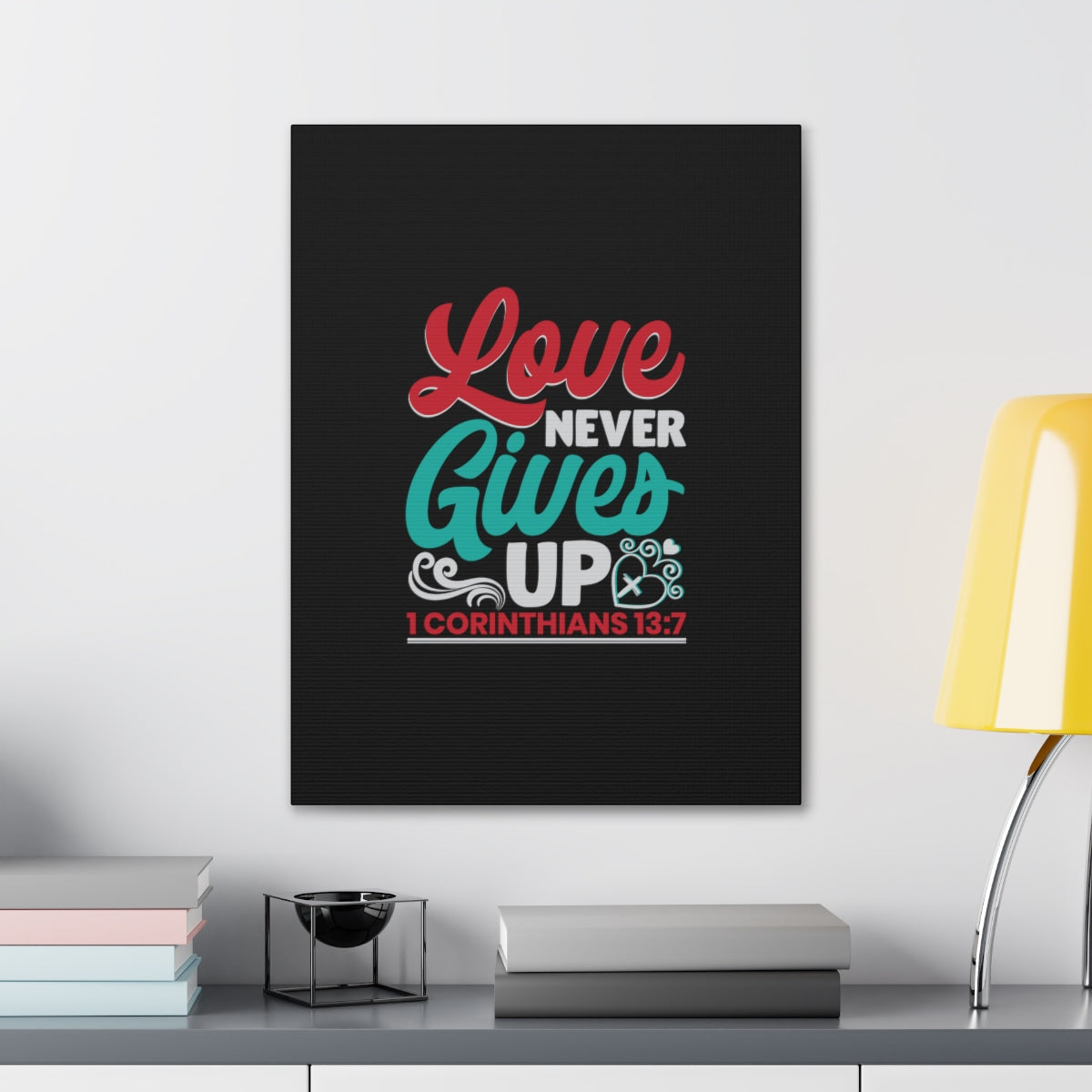 Scripture Walls Never Gives Up 1 Corinthians 13:7 Read & Teal Bible Verse Canvas Christian Wall Art Ready to Hang Unframed-Express Your Love Gifts