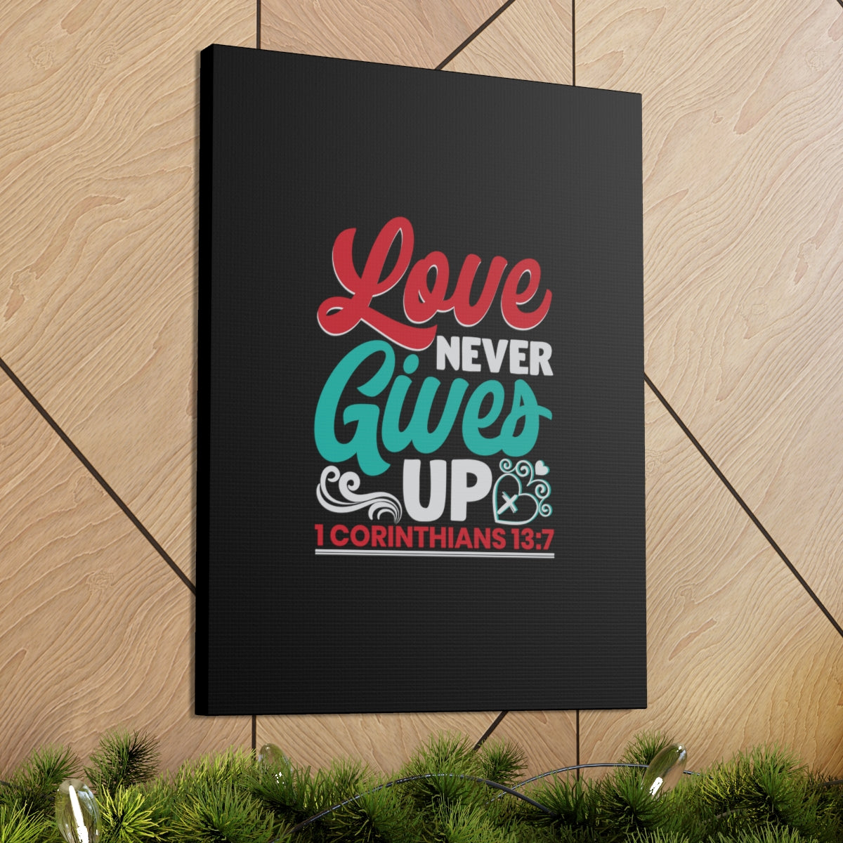 Scripture Walls Never Gives Up 1 Corinthians 13:7 Read & Teal Bible Verse Canvas Christian Wall Art Ready to Hang Unframed-Express Your Love Gifts