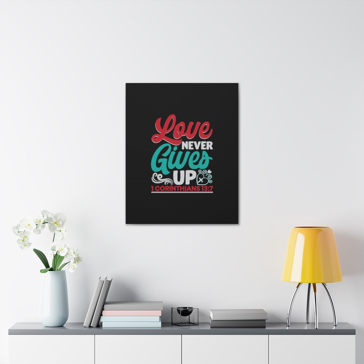 Scripture Walls Never Gives Up 1 Corinthians 13:7 Read & Teal Bible Verse Canvas Christian Wall Art Ready to Hang Unframed-Express Your Love Gifts