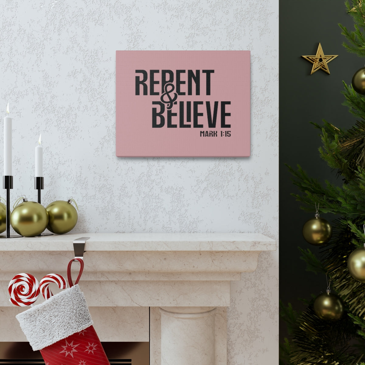 Scripture Walls Repent & Believe Mark 1:15 Light Pink Bible Verse Canvas Christian Wall Art Ready to Hang Unframed-Express Your Love Gifts