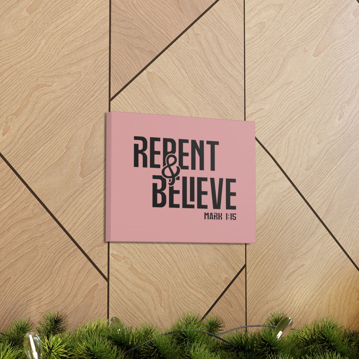 Scripture Walls Repent & Believe Mark 1:15 Light Pink Bible Verse Canvas Christian Wall Art Ready to Hang Unframed-Express Your Love Gifts