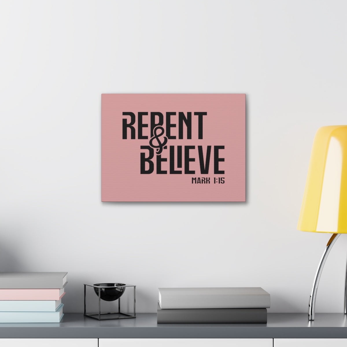 Scripture Walls Repent & Believe Mark 1:15 Light Pink Bible Verse Canvas Christian Wall Art Ready to Hang Unframed-Express Your Love Gifts