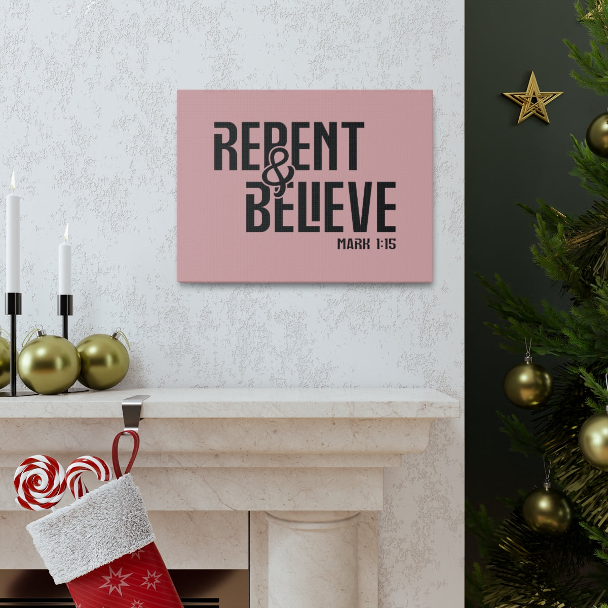 Scripture Walls Repent & Believe Mark 1:15 Light Pink Bible Verse Canvas Christian Wall Art Ready to Hang Unframed-Express Your Love Gifts