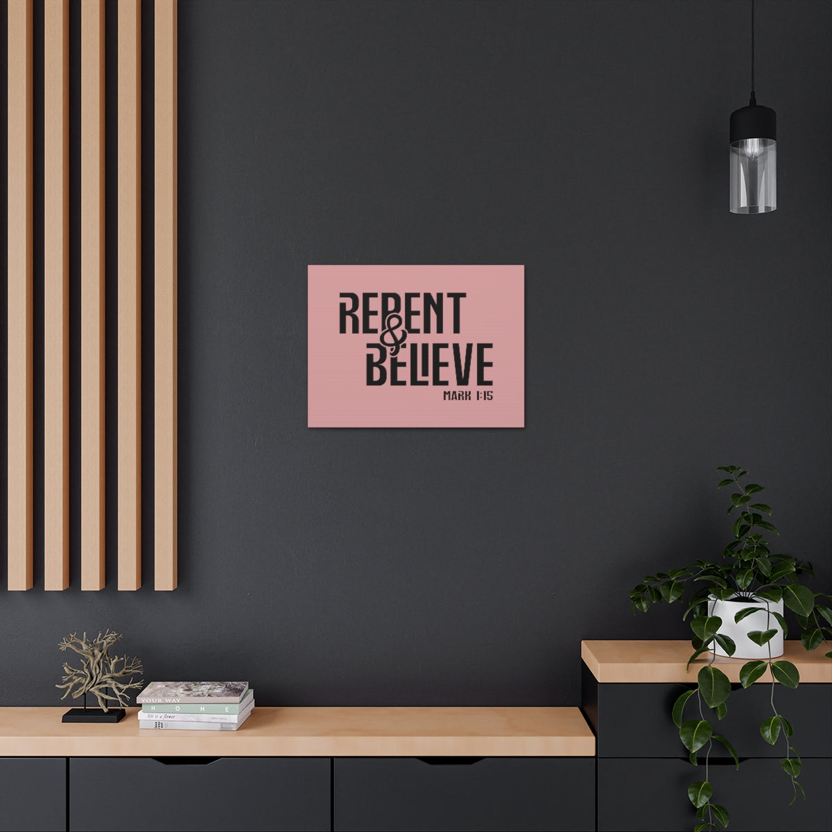 Scripture Walls Repent & Believe Mark 1:15 Light Pink Bible Verse Canvas Christian Wall Art Ready to Hang Unframed-Express Your Love Gifts