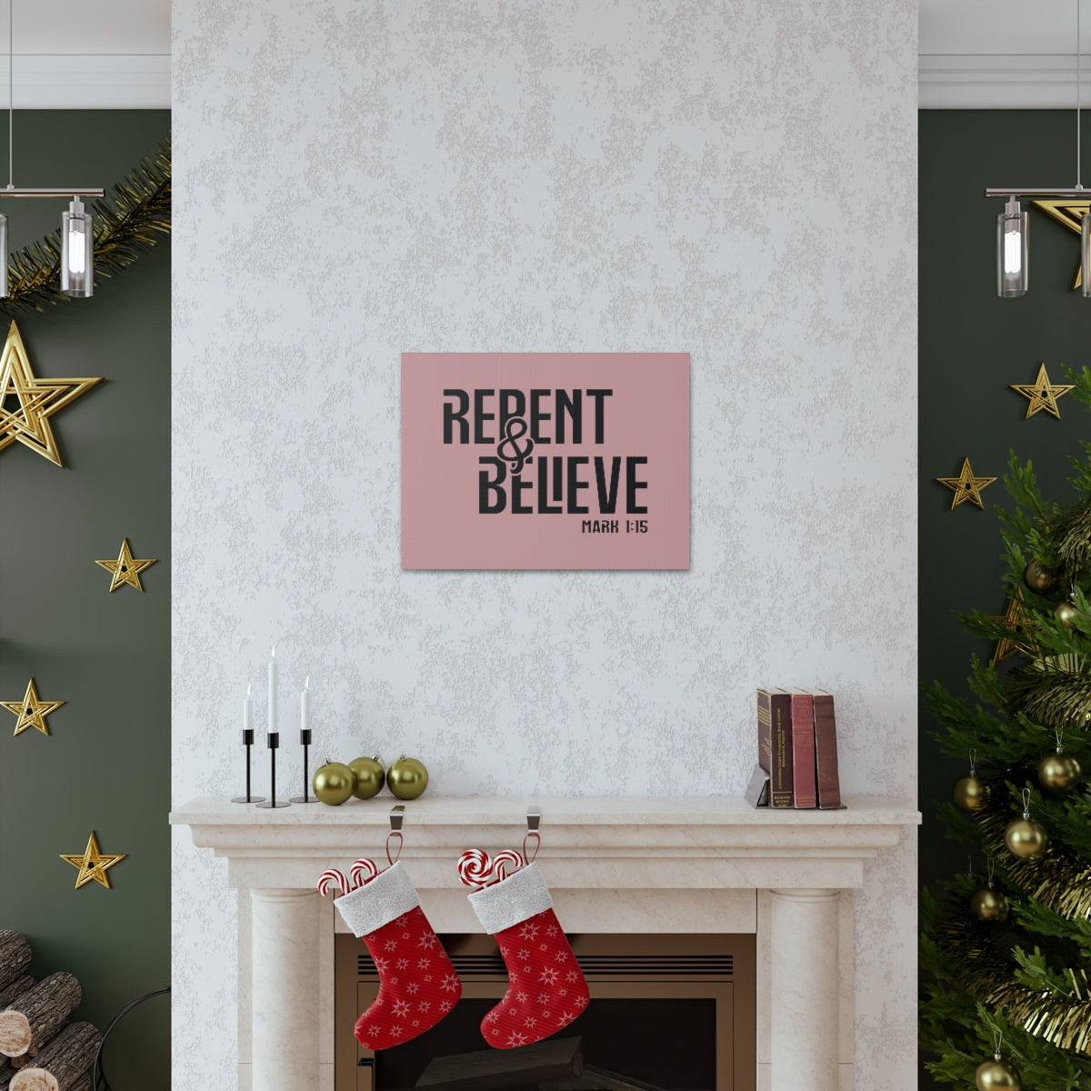 Scripture Walls Repent & Believe Mark 1:15 Light Pink Bible Verse Canvas Christian Wall Art Ready to Hang Unframed-Express Your Love Gifts