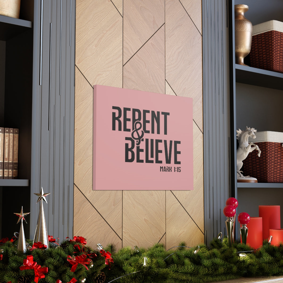 Scripture Walls Repent & Believe Mark 1:15 Light Pink Bible Verse Canvas Christian Wall Art Ready to Hang Unframed-Express Your Love Gifts