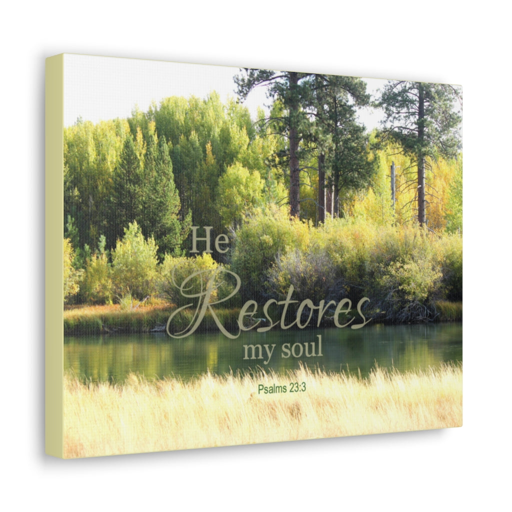 Scripture Walls Restores My Soul Psalm 23:3 Bible Verse Canvas Christian Wall Art Ready to Hang Unframed-Express Your Love Gifts