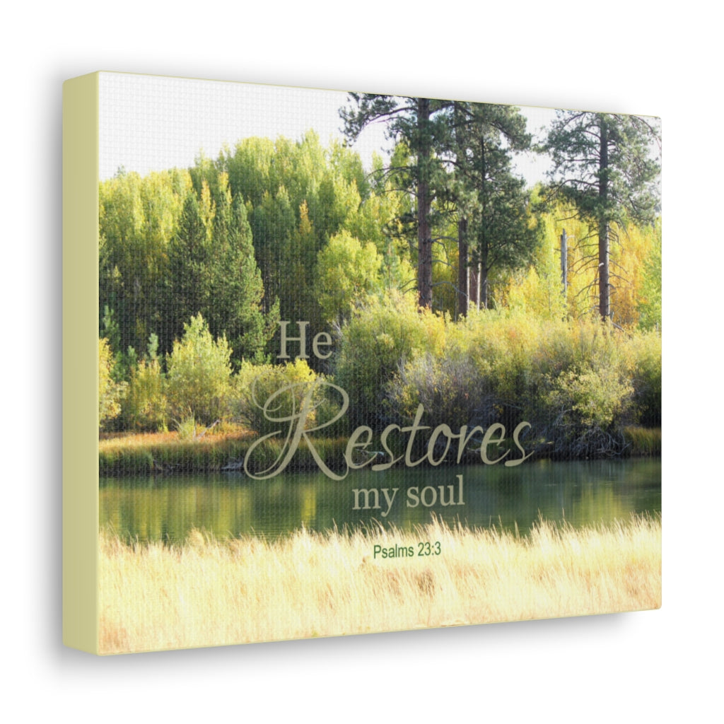 Scripture Walls Restores My Soul Psalm 23:3 Bible Verse Canvas Christian Wall Art Ready to Hang Unframed-Express Your Love Gifts