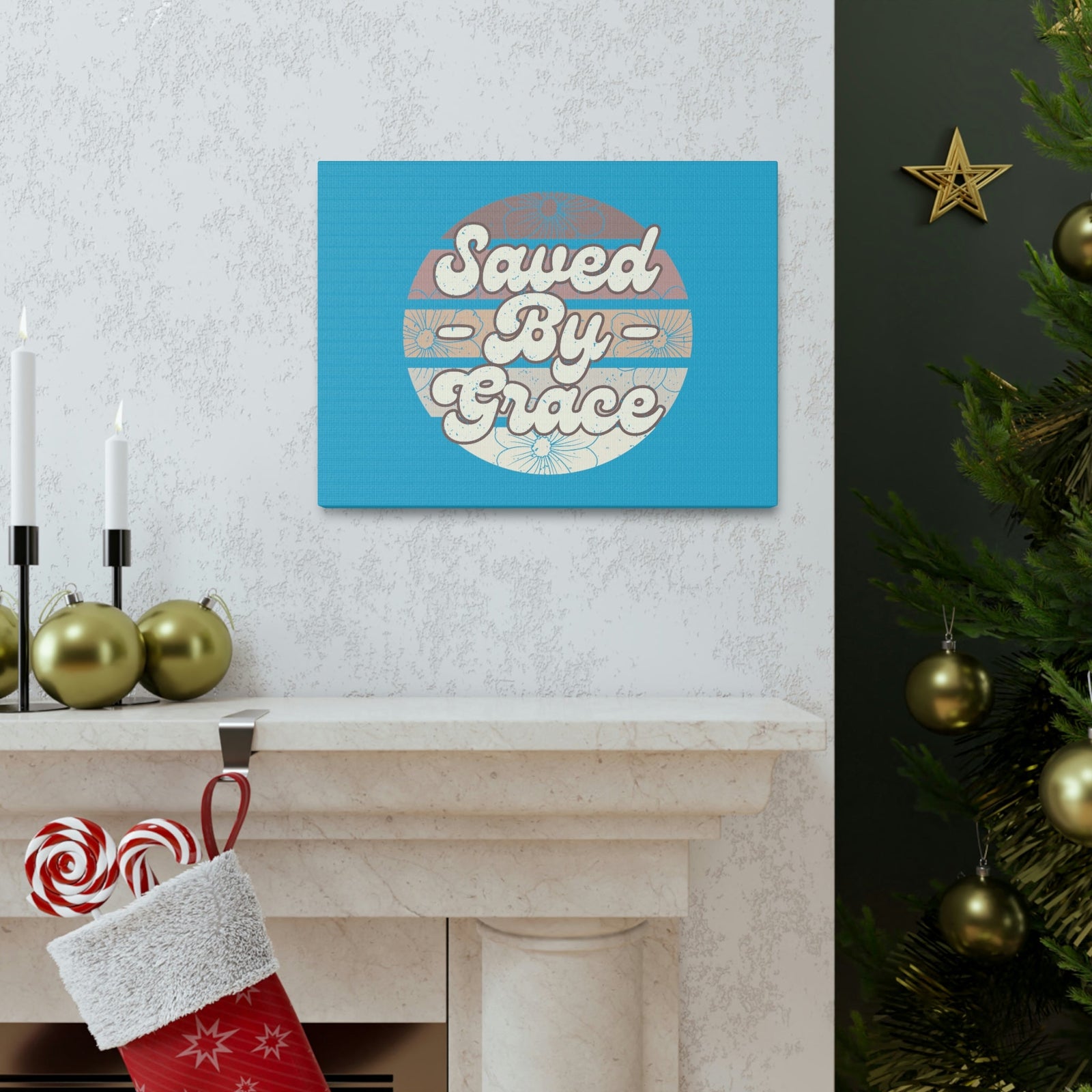 Scripture Walls Saved By Grace Ephesians 2:8 Circle Blue Christian Wall Art Bible Verse Print Ready to Hang Unframed-Express Your Love Gifts