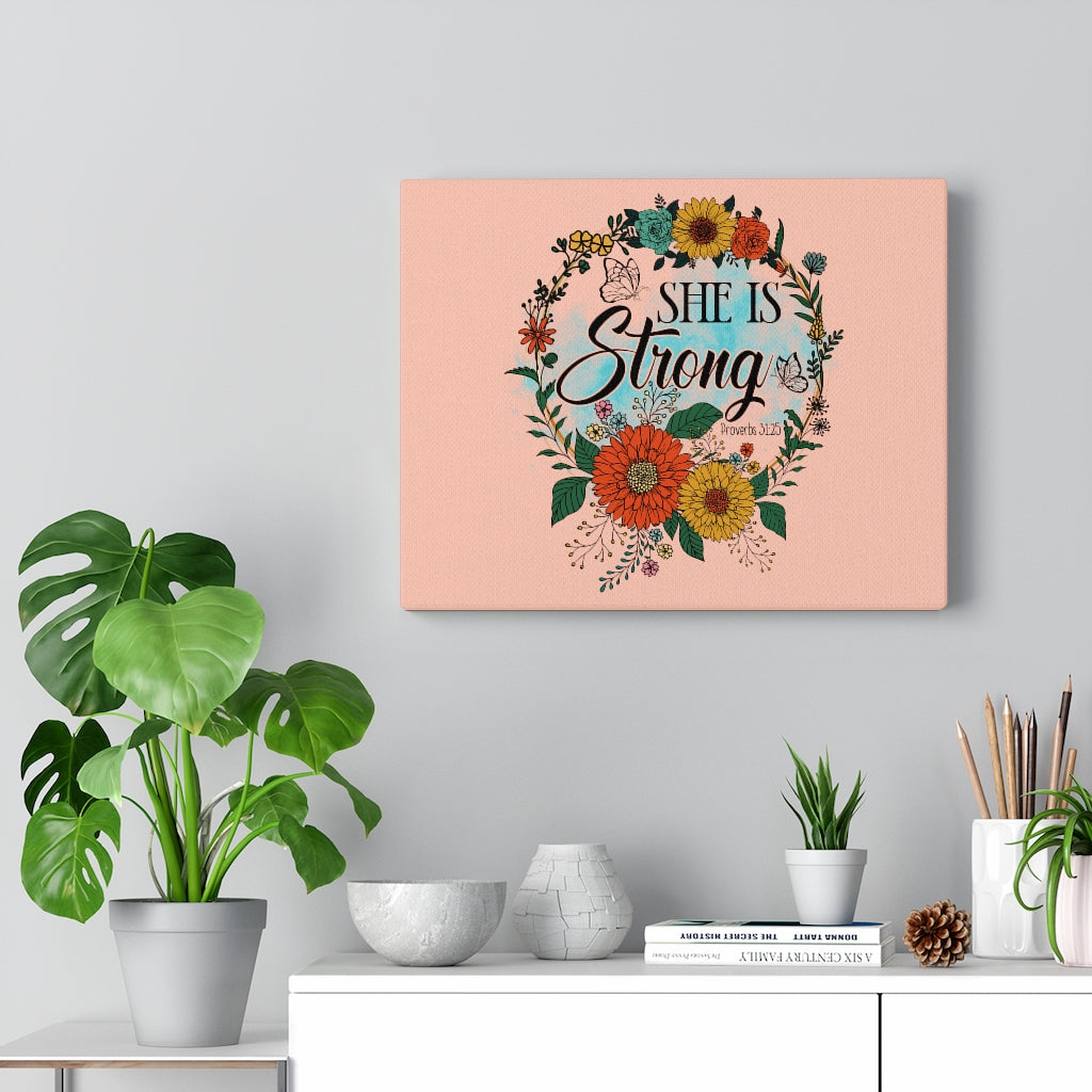 Scripture Walls She Is Strong Peach Proverbs 31:25 Bible Verse Canvas Christian Wall Art Ready to Hang Unframed-Express Your Love Gifts
