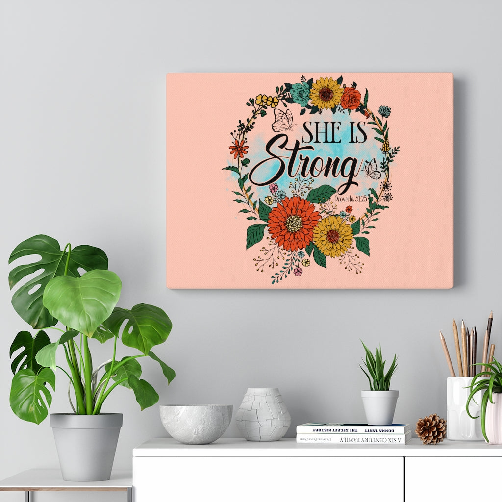Scripture Walls She Is Strong Peach Proverbs 31:25 Bible Verse Canvas Christian Wall Art Ready to Hang Unframed-Express Your Love Gifts